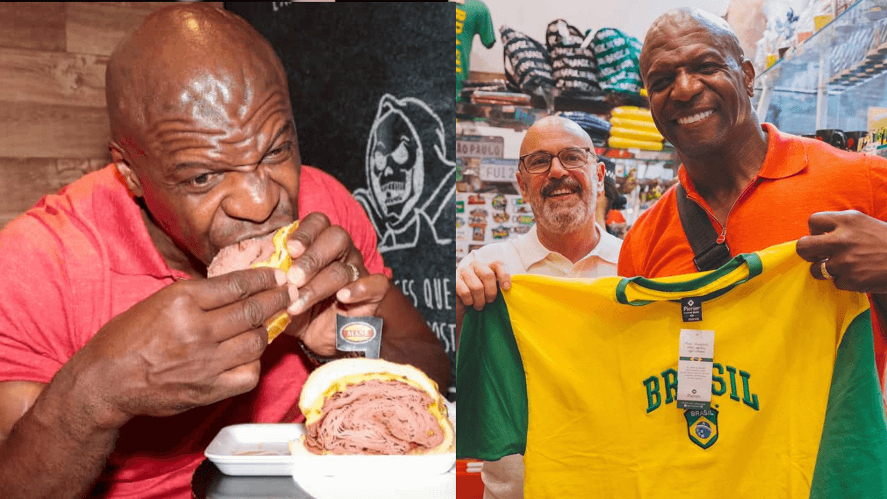 Terry Crews passeia no Mercadão de SP, canta com fãs, compra camisa da seleção e come sanduíche de mortadela