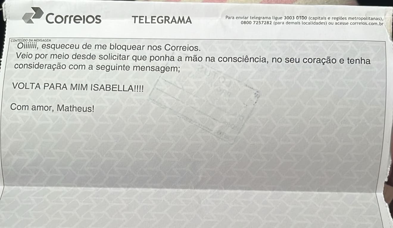 Jovem recebe telegrama do ex-namorado: “Esqueceu de me bloquear nos correios”